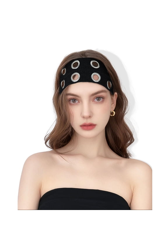 Grommet Headband for Women, Wide Black Hollow Out Elastic Hair Band, Eyelets Punk Grunge Stylish Hairband