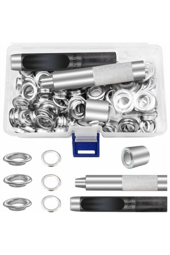 Grommet Kit Tools 12mm Metal Eyelets Sets 100 Set Grommets Eyelets Kit for Canvas Tarpaulin Tent Repair Silver(1/2 Inch)