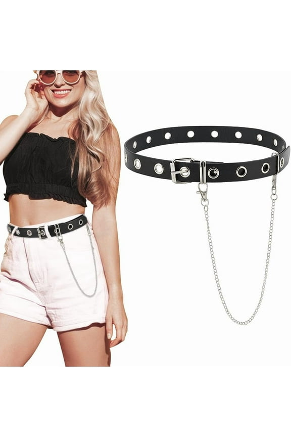 Grommet Leather Belt 39-3/8 inch Punk Gothic PU Leather Belts with Iron Detachable Chains Women Men Punk Rock Waist Belts for DIY