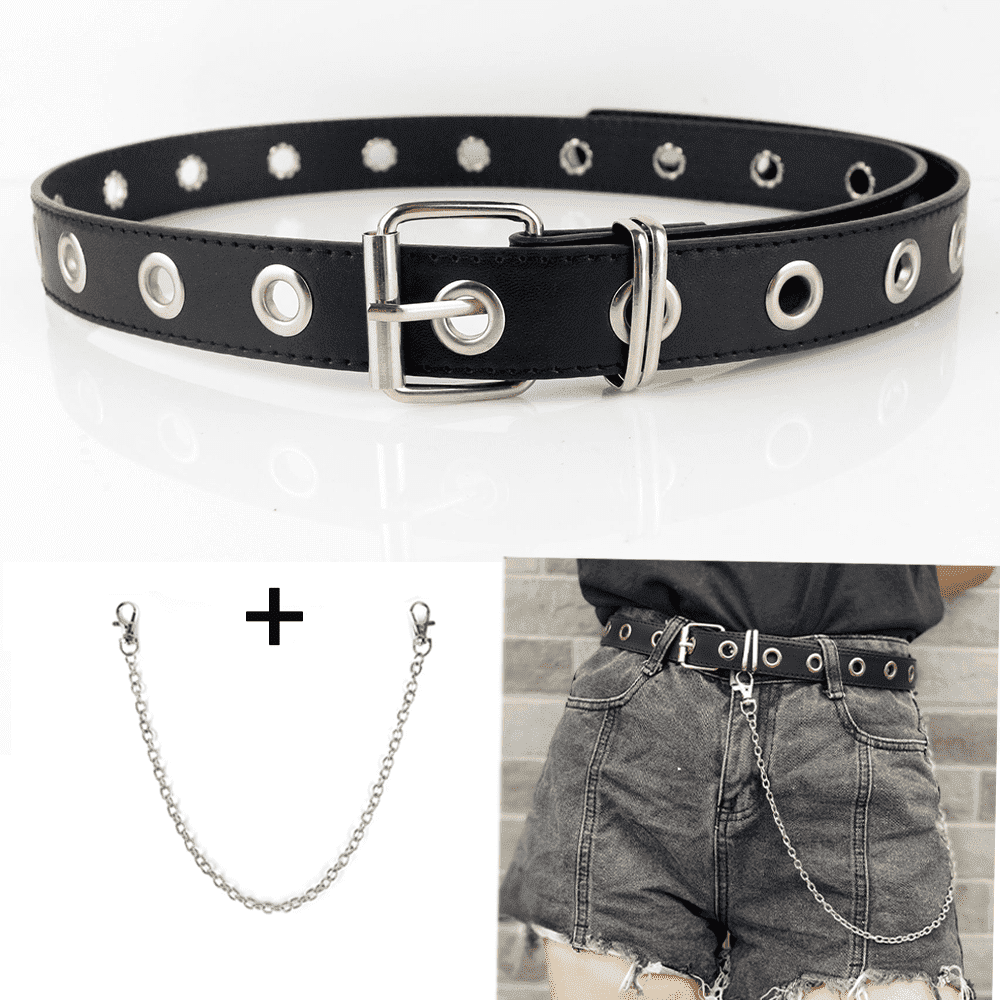 PU Leather Grommet Belt with Detachable Chain Punk Style Waist Grommet Leather Belt with Detachable Chain Women Men Punk  main image 4
