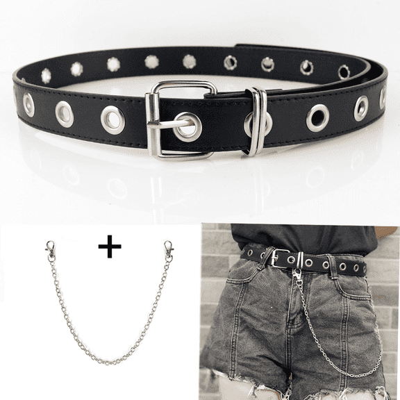 Grommet Leather Belt with Detachable Chain Women Men Punk Rock Waist Belts for Jeans Pants
