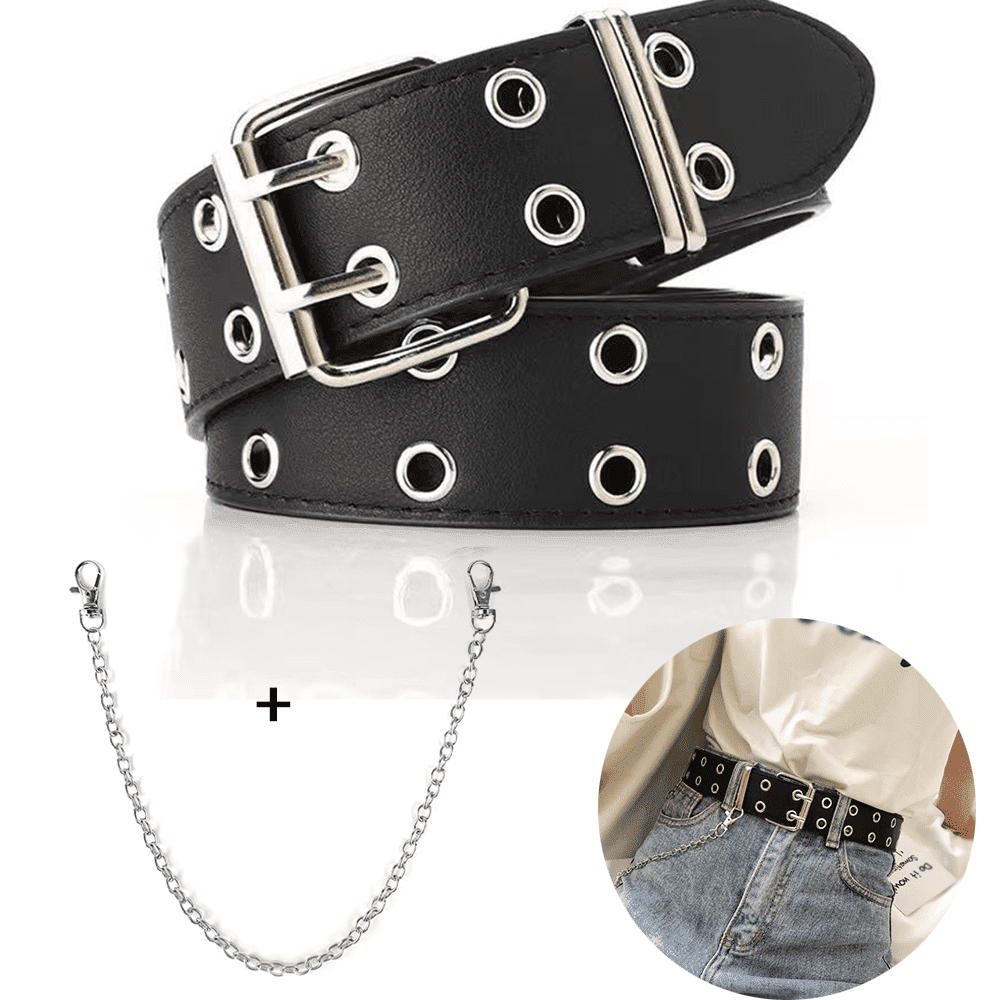 Grommet Leather Belt with Detachable Chain Women Men Punk 