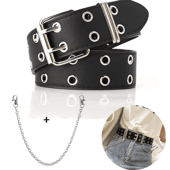 Grommet Leather Belt with Detachable Chain Women Men Punk Rock Waist Belts for Jeans Pants
