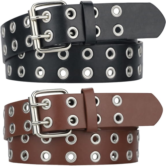 Grommet Leather Belts for Women, Black Belt Women Men with Double Holes