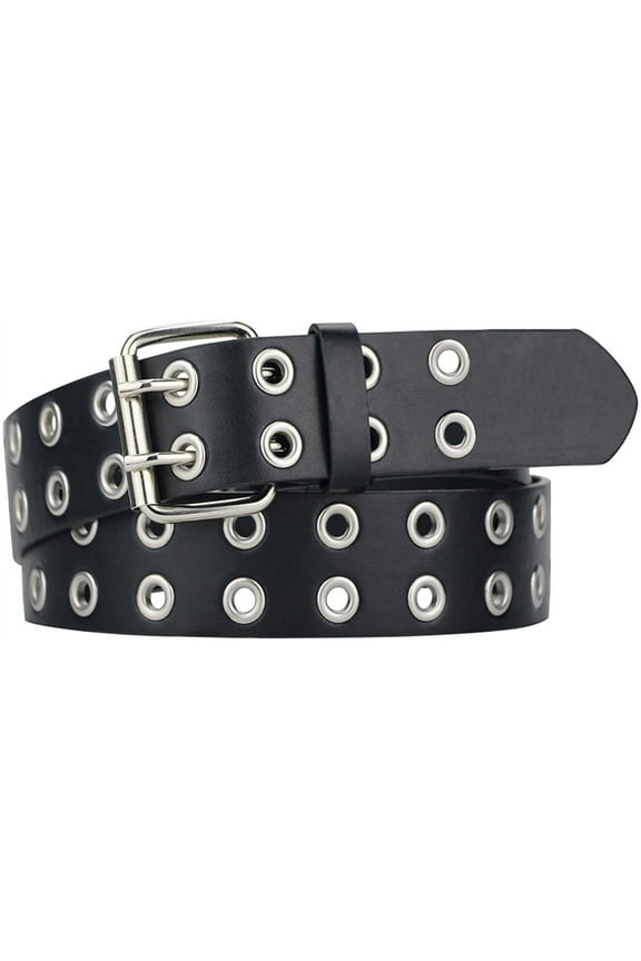 Grommet Leather Belts for Women, Black Belt Women Men with Studded Holes C