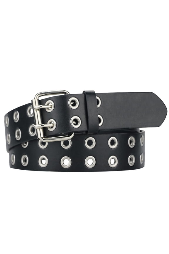 Grommet Leather Belts for Women, Double Prong Buckle Vintage Punk Jeans Belts