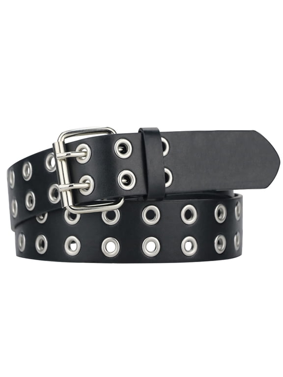 Grommet Leather Belts for Women, Double Prong Buckle Vintage Punk Jeans Belts