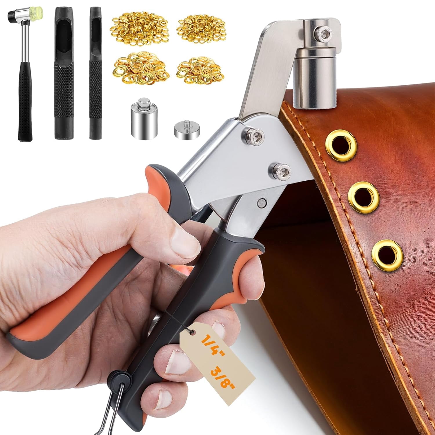 Grommet Tool Kit, 1/4 I h(6mm), 3/8 I h (10mm) Grommets Heavy Duty Grommet Kit 500 Metal Eyelets and Grommets in Gold Grommet Eyelet Pliers Kit Eyelet Tool for Fabric, Leather, Belt, Shoes, Clothes