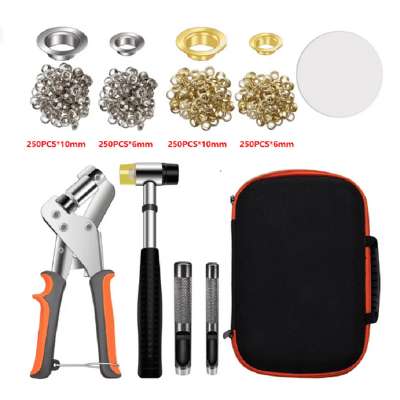 1000Pcs Grommet Tool Kit with Bag, 3/8 and 1/4 Tarp Grommet Kit with 250Pcs 10mm Grommets and 250Pcs 6mm Grommets, Grommets for Fabrics, Tarps, Vinyl and Banners