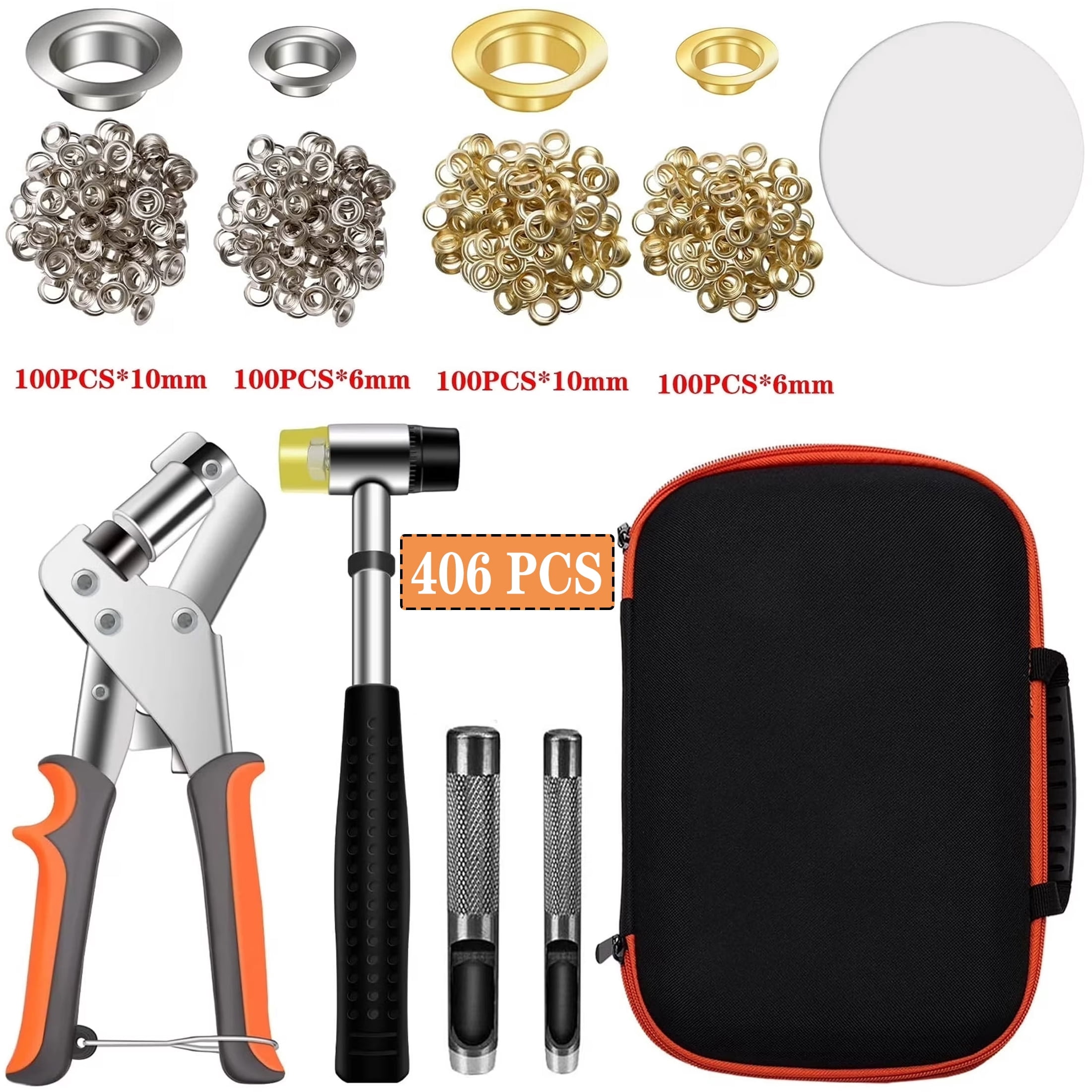 Grommet Tool Kit with Bag, 3/8 and 1/4 Tarp Grommet Kit with 200Pcs 10mm Grommets and 200Pcs 6mm Grommets, Grommets for Fabrics, Tarps, Vinyl and Banners