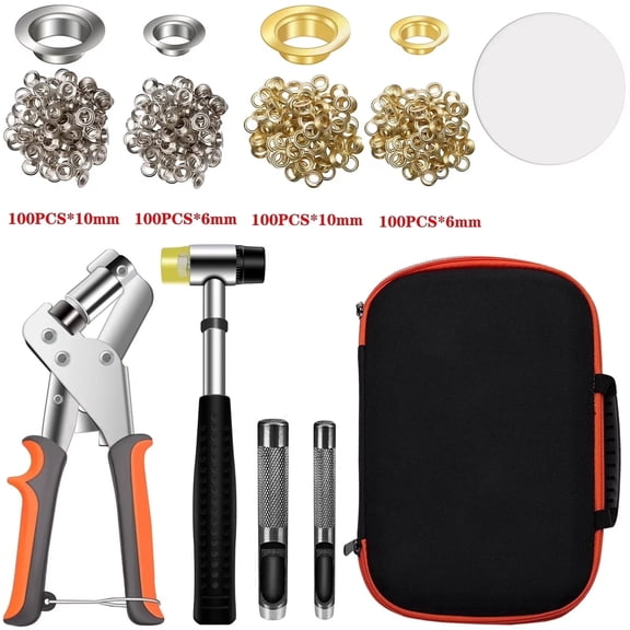 Grommet Tool Kit with Bag, 3/8 and 1/4 Tarp Grommet Kit with 200Pcs 10mm Grommets and 200Pcs 6mm Grommets, Grommets for Fabrics, Tarps, Vinyl and Banners