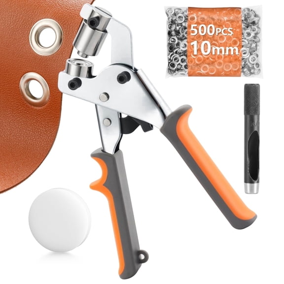 Grommet Tool Kit Eyelet Plier: Handheld Puncher Set with Perforated Column for Banner, Leather, Fabric, 500pcs 3/8 inch (10mm) Silver Grommets