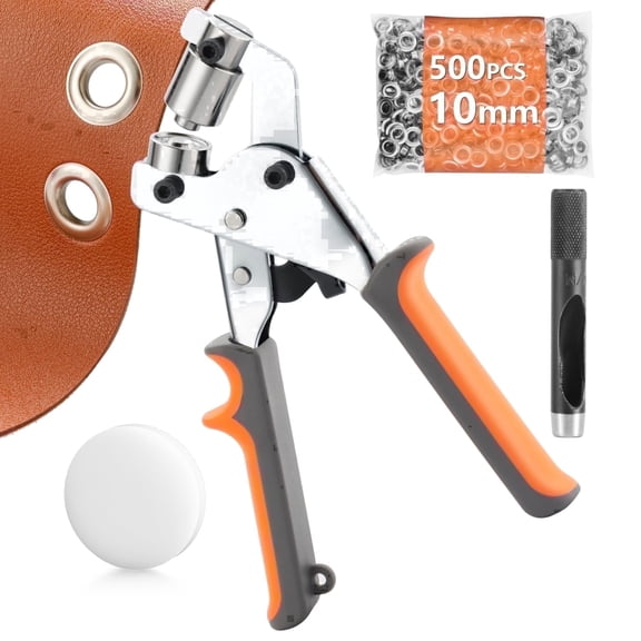 Grommet Tool Kit Eyelet Plier: Handheld Puncher Set with Perforated Column for Banner, Leather, Fabric, 500pcs 3/8 inch (10mm) Silver Grommets