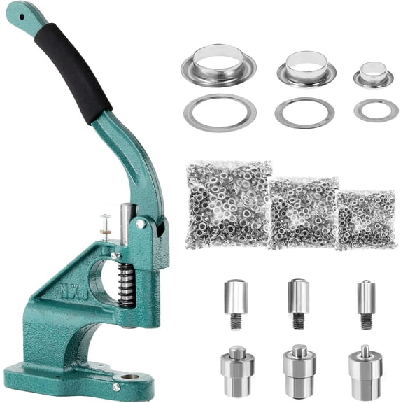 Grommet Tool Kit Hand Press Eyelet Setter Machine 1/4, 3/8, 1/2 Inch (6, 10, 12 mm) Setting Dies, 1500 Silver Grommets