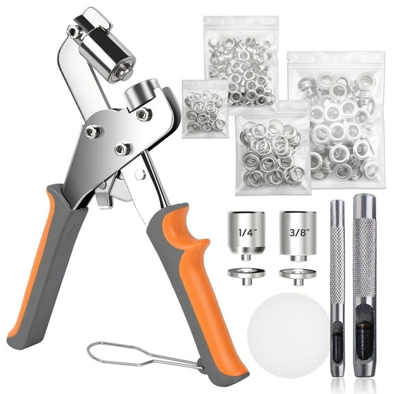 Grommet Tool Kit with 200 Silver Grommets, 3/8 and 1/4 inch Double Head Pliers, for Tarps, Fabric Rings, Leather, Tents, Vinyl, Canvas