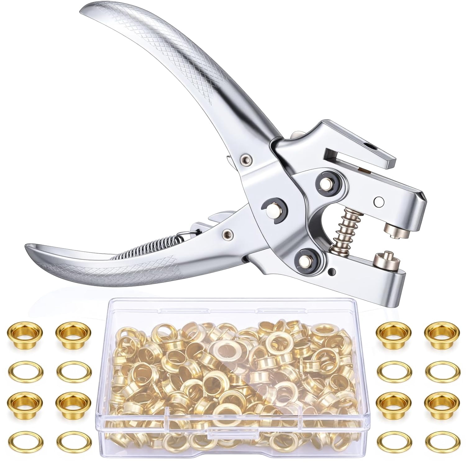 Grommet Tool Kit with Eyelet Plier and 200 Pieces Gold Metal Eyelets 3/16 Inch Hole Punch Set for DIY Fashion Projects