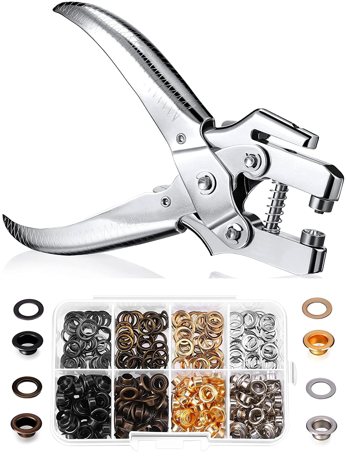 Grommet Tool Kit with Eyelet Plier and 200 Pieces Metal Eyelets 3/16 Inch Hole Punch Set for Leather Crafts and Shoes 4 Colors