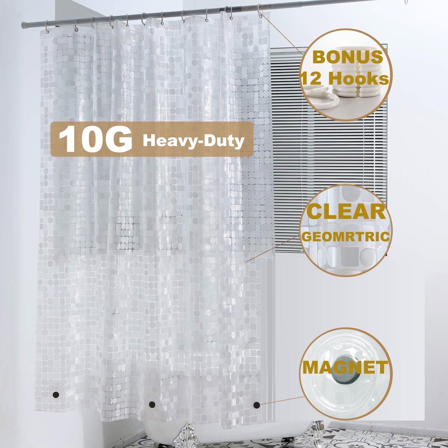 Grommets Shower Curtain Liner, 72"x72" 10G Premium PEVA Heavy-Duty ...