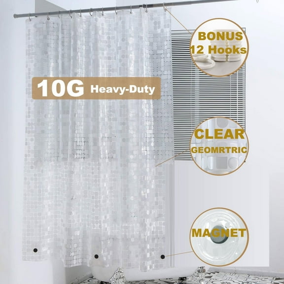Grommets Shower Curtain Liner, 72"x72" 10G Premium PEVA Heavy-Duty Thick Waterproof Bathroom Shower Liner W/12 Rustfree Grommets & 3 Magnets, Mold & Mildew-Resistant, Clear, Extra 12 Hooks