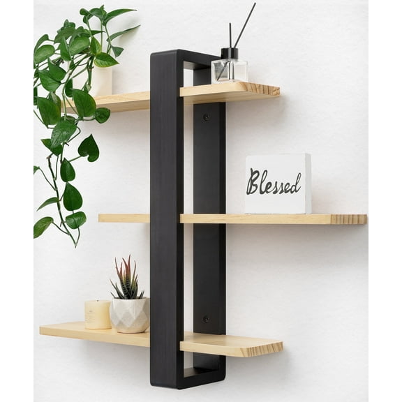 Gronda Nature and Black Floating Shelves for Wall Mounted, 3 Tier Pine Wood shelf for Living Room Bathroom Bedroom Display Modern 20in.