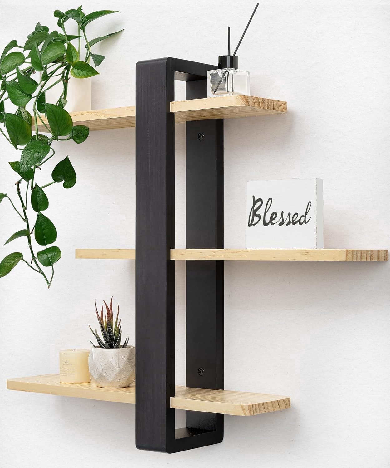 Gronda Adjustable Floating Shelves for Wall 3 Tier Wood Shelf for Bathroom, Bedroom, Living Room, Easy Install, Nature Black Decor Storage Shelf, 20in