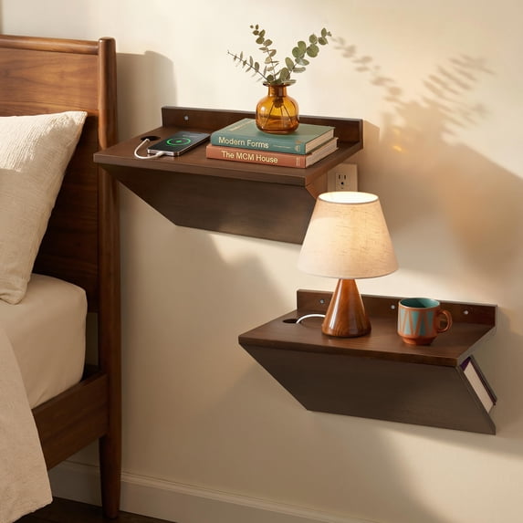 Gronda Floating Nightstand Set of 2, Walnut Z-Shape Bedside End Table Wall Mounted, Mid Century Modern Wood Hanging Shelf for Bedroom Small Space Storage