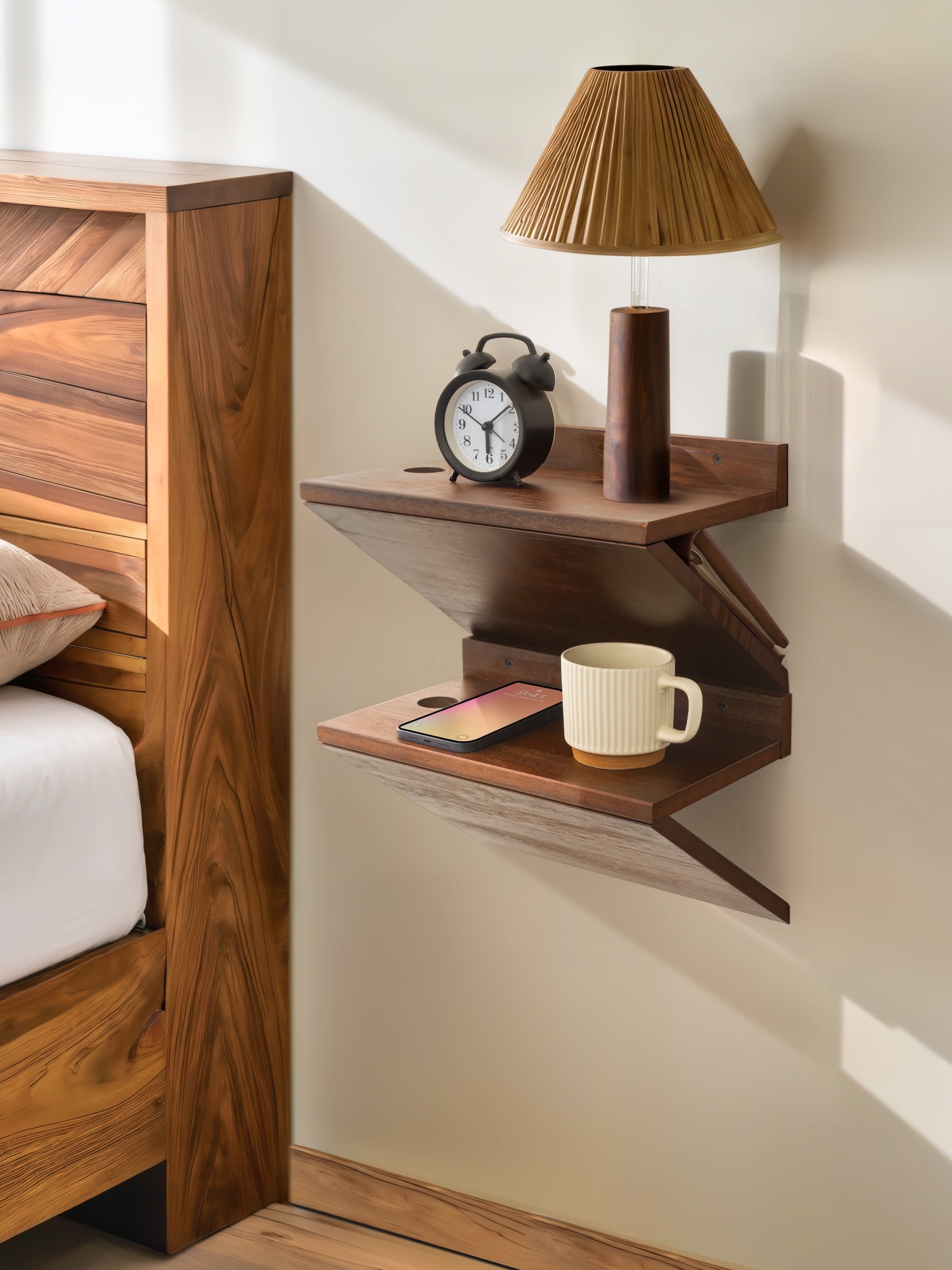 Walnut Wood Z-Shape Floating Nightstand Set with Cable Hole