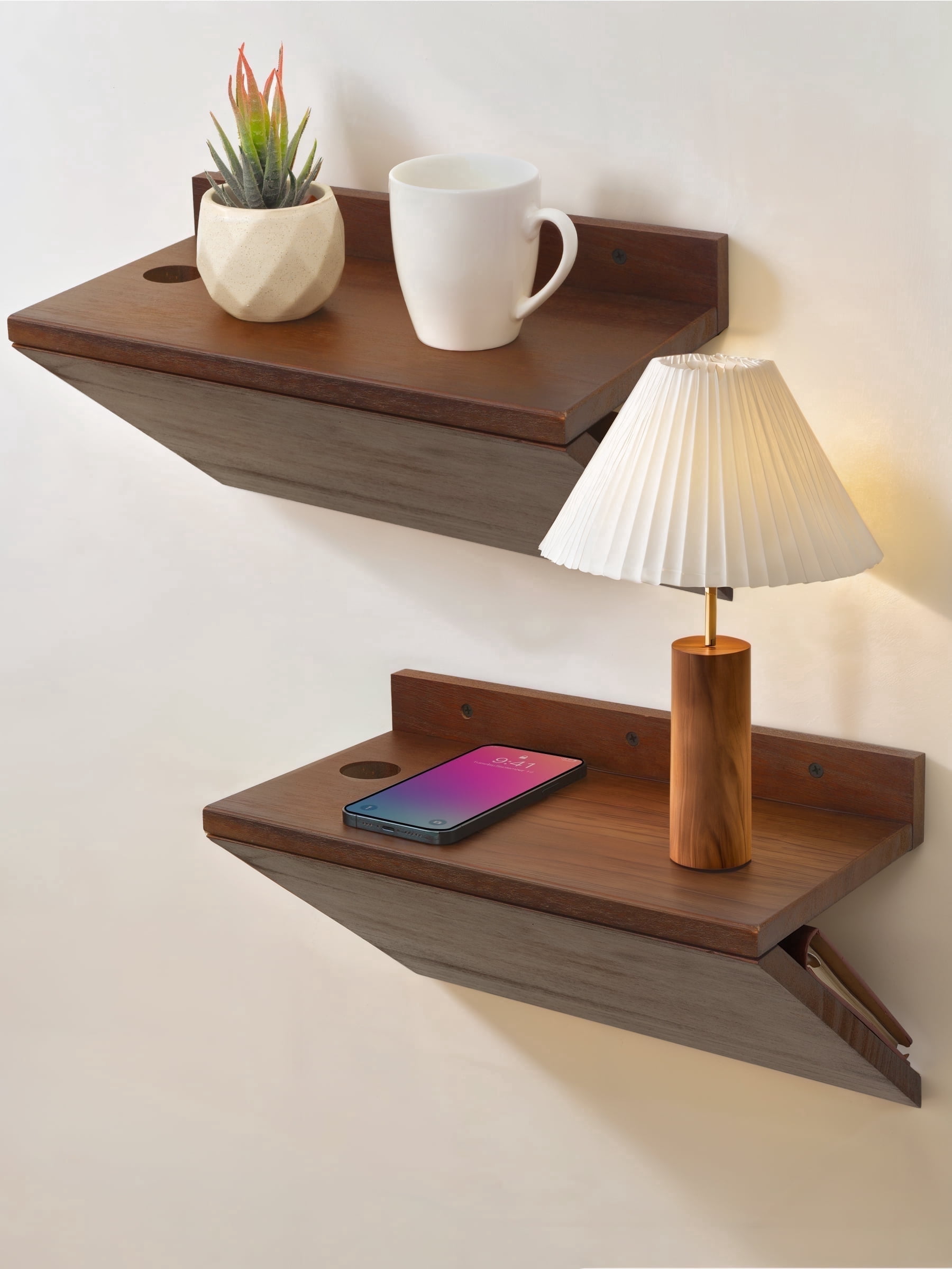 Gronda Floating Nightstand Set of 2,Space Saving Wall Mounted Bedside Table with Cable Hole,Walnut Wood Small Hanging Nightstands for Bedroom Apartment