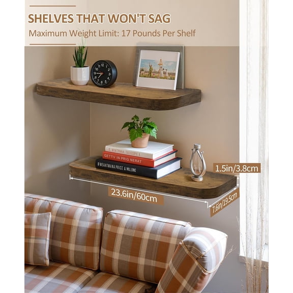 Gronda Wood Floating Shelves Rustic Shelves for Wall Mounted 24 Inch Farmhouse Wooden Shelf Round Edge for Bathroom Bedroom Kitchen Living Room Storage and Decor Display Wall Shelving Set of 2