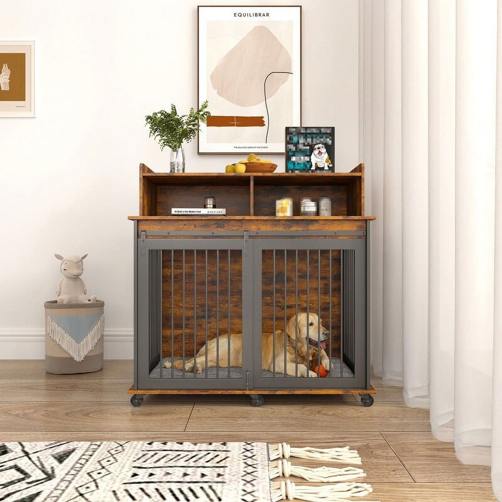 Grondin Furniture Style Dog Crate with Sliding Barn Door, Flip Open Top
