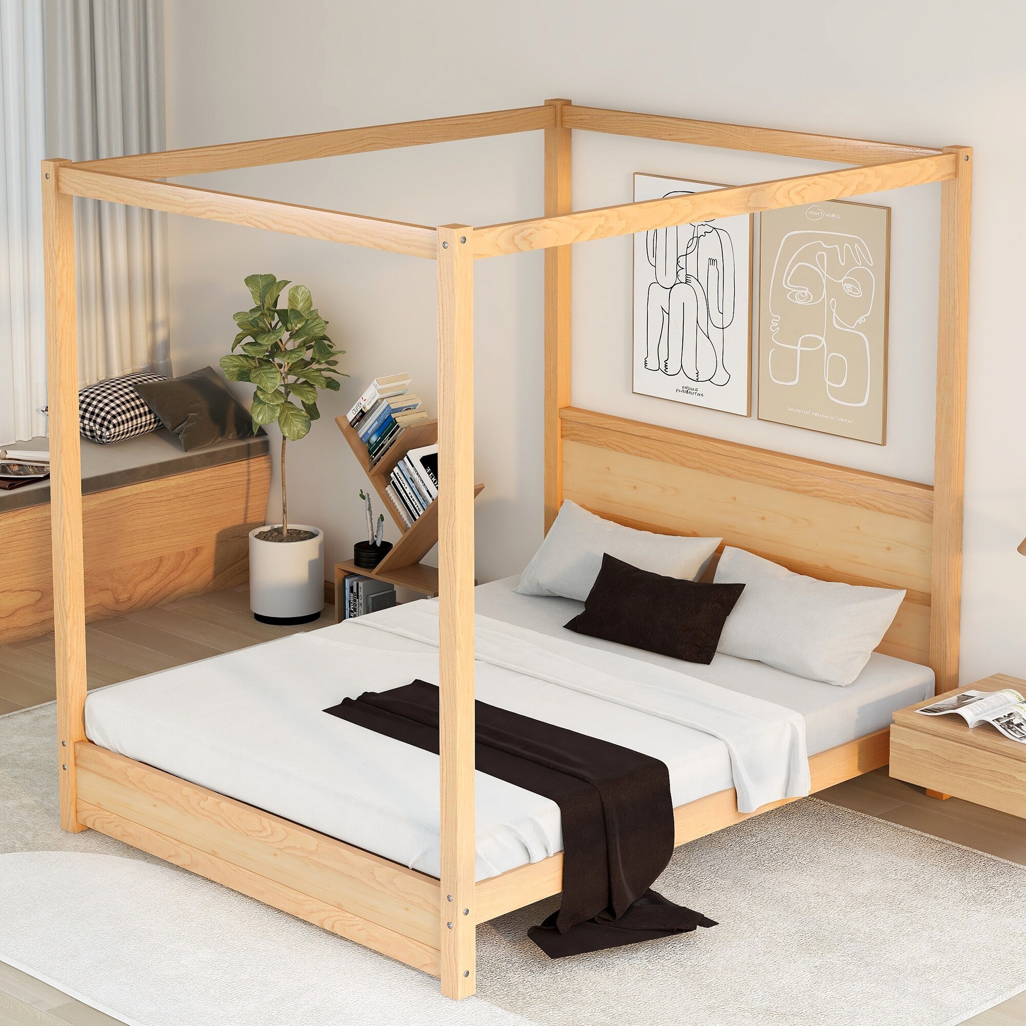 Grondin Solid Wood Canopy Bed with Headboard and Slats, No Box Spring