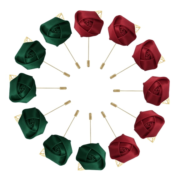 Groom Boutonnieres Rose Boutonnieres Pins for Men Wedding Ceremony Anniversary Party Deep Green/Deep Red 12 Pcs