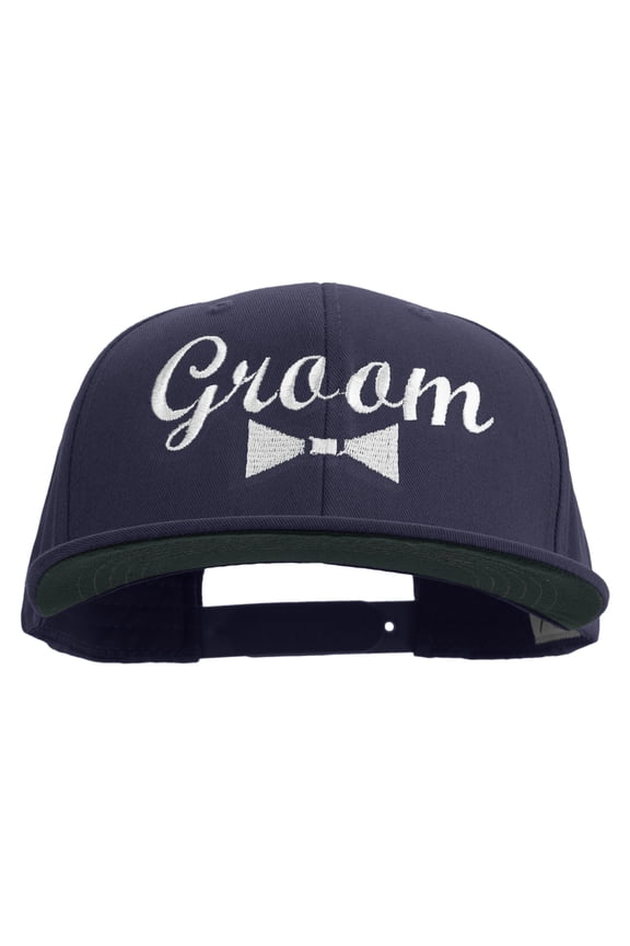 Groom Bow Tie Embroidered Big Size 6 Panels Flat Bill Snapback - Navy XL-3XL