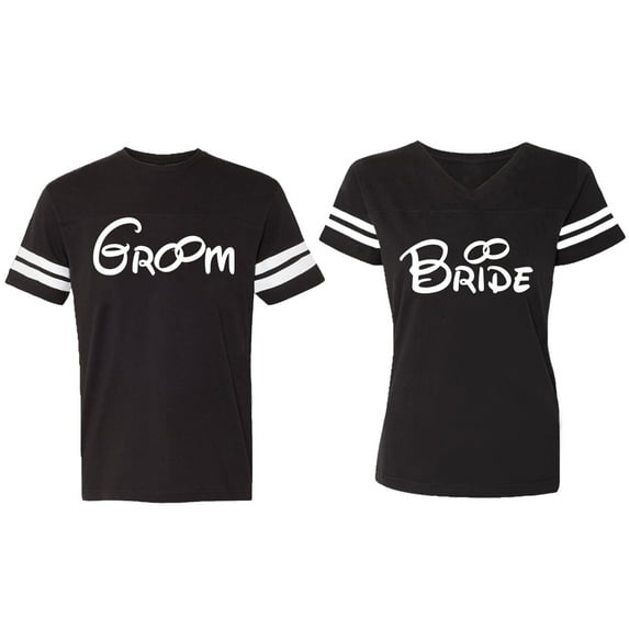 Groom & Bride Matching Couple Cotton Jerseys (Men Black / Women Black) (Men S / Women M)
