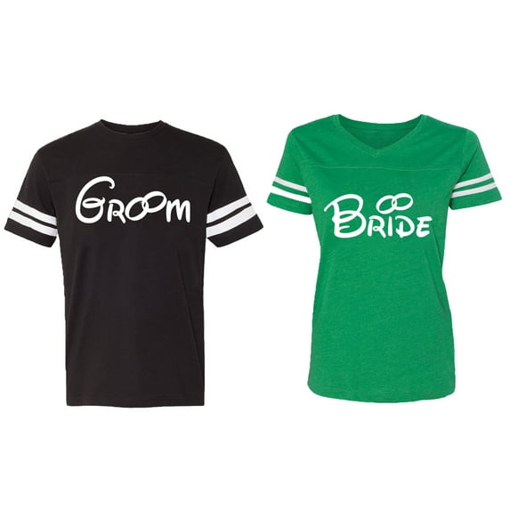 Groom & Bride Matching Couple Cotton Jerseys (Men Black / Women Green) (Men XL / Women XXL)