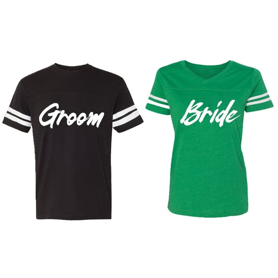 Groom Bride Matching Couple Cotton Jerseys (Men Black / Women Green) (Men XL / Women XXL)