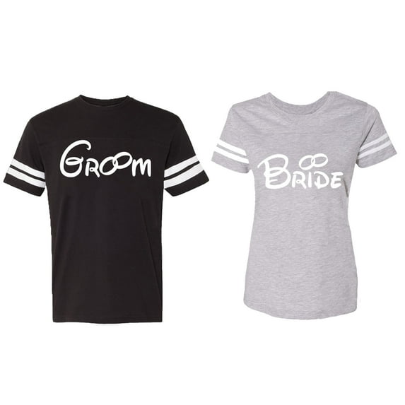Groom & Bride Matching Couple Cotton Jerseys (Men Black / Women Heather) (Men M / Women XL)