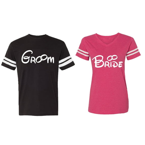 Groom & Bride Matching Couple Cotton Jerseys (Men Black / Women Pink) (Men XL / Women M)