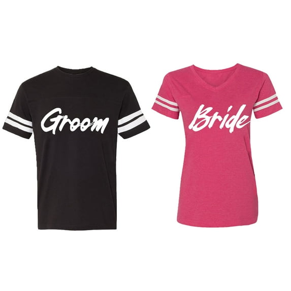 Groom Bride Matching Couple Cotton Jerseys (Men Black / Women Pink) (Men XL / Women XL)