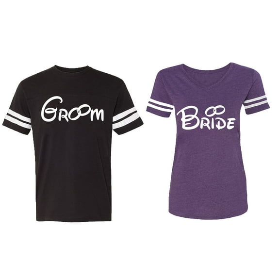 Groom & Bride Matching Couple Cotton Jerseys (Men Black / Women Purple) (Men S / Women L)