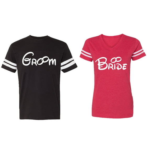 Groom & Bride Matching Couple Cotton Jerseys (Men Black / Women Red) (Men M / Women L)