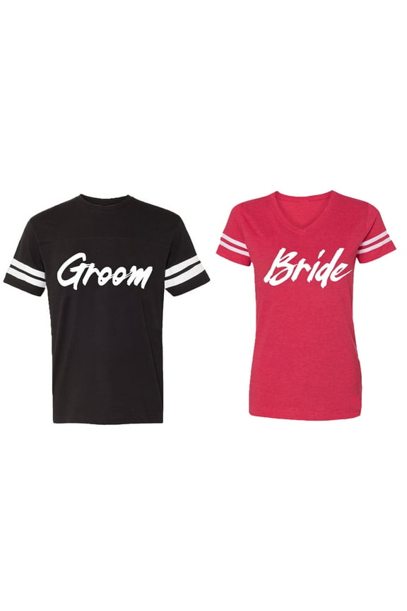 Groom Bride Matching Couple Cotton Jerseys (Men Black / Women Red) (Men XXL / Women L)