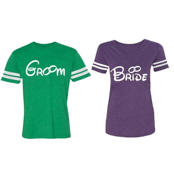 Groom & Bride Matching Couple Cotton Jerseys (Men Green / Women Purple) (Men M / Women XXL)