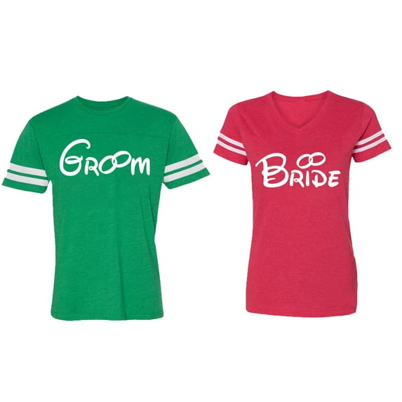 Groom & Bride Matching Couple Cotton Jerseys (Men Green / Women Red) (Men XL / Women L)