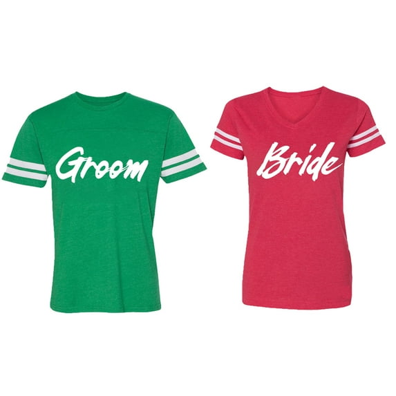 Groom Bride Matching Couple Cotton Jerseys (Men Green / Women Red) (Men XXL / Women XL)
