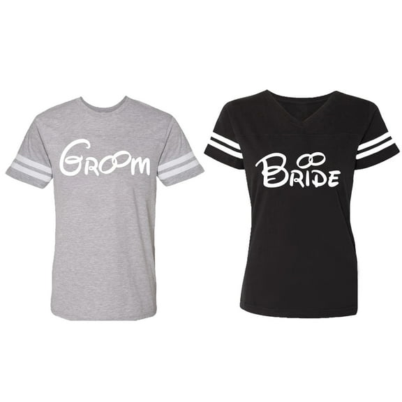 Groom & Bride Matching Couple Cotton Jerseys (Men Heather / Women Black) (Men S / Women S)