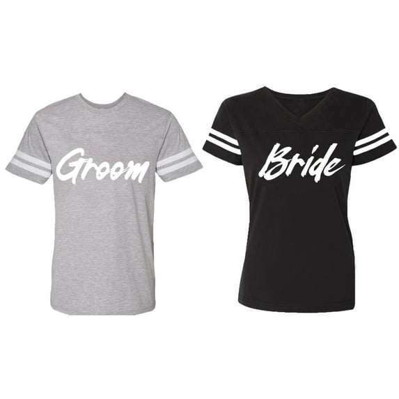 Groom Bride Matching Couple Cotton Jerseys (Men Heather / Women Black) (Men S / Women S)