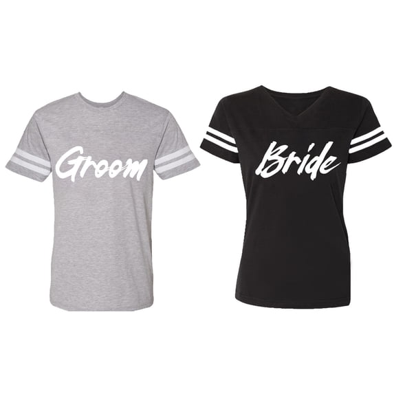 Groom Bride Matching Couple Cotton Jerseys (Men Heather / Women Black) (Men XL / Women S)