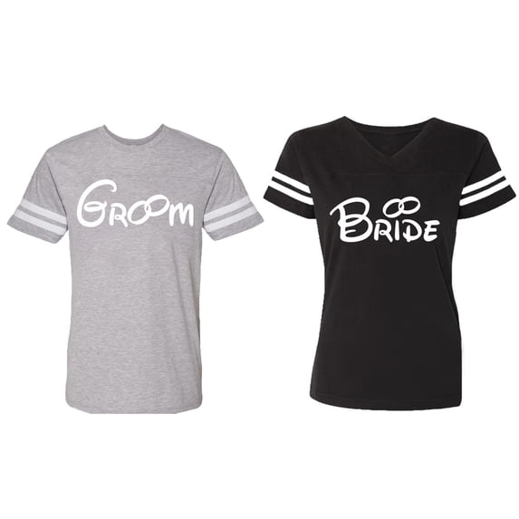 Groom & Bride Matching Couple Cotton Jerseys (Men Heather / Women Black) (Men XXL / Women S)