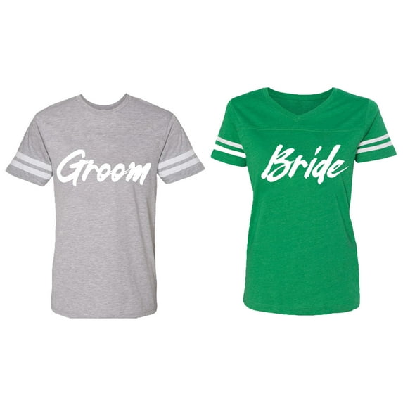 Groom Bride Matching Couple Cotton Jerseys (Men Heather / Women Green) (Men L / Women M)